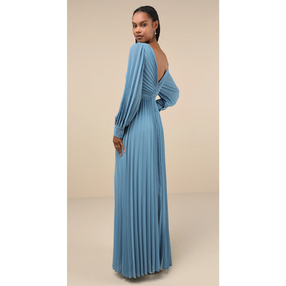 Lulus Slate Blue Pleated Long Sleeve Sophisticated Grace Maxi Dress Size S - Picture 9 of 10